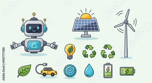 Eco-friendly technology icons: robot, solar panel, wind turbine, electric car, light bulb