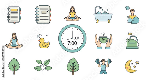 Self-Care Routine Icons: Yoga, Bath, Reading, Sleep, Nature, Exercise, Tea