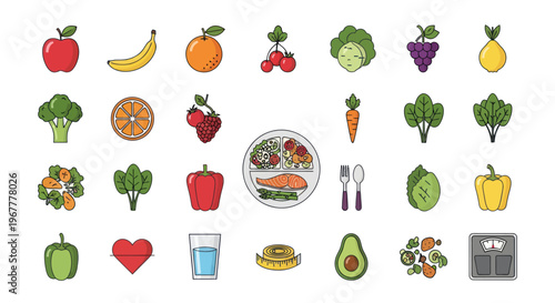 Healthy Eating Icons: Fruits, Vegetables, Balanced Meal, Heart, Scale