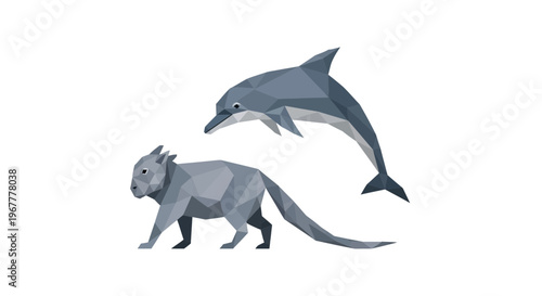 Geometric low poly dolphin and wombat illustration on white background