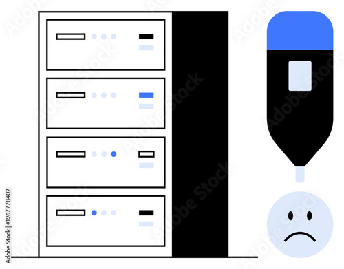 Data loss concept. Data servers and a connectivity issue symbolized by a sad face and network icon. Data loss impacts storage, connectivity, IT management, and server reliability. For tech solutions