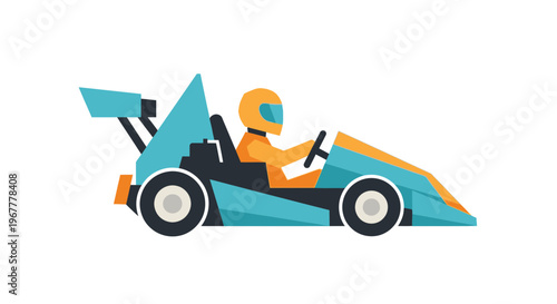 Go-kart Racer Driving Blue Racing Car with Orange Helmet