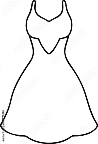 Elegant simple line drawing of a charming feminine dress with thin straps and a classic flared skirt