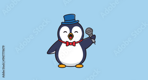 Happy cartoon penguin singing into microphone, wearing hat and bow tie