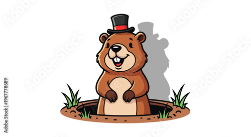 Happy Groundhog Day, Cartoon Groundhog Emerging from Hole Wearing Top Hat