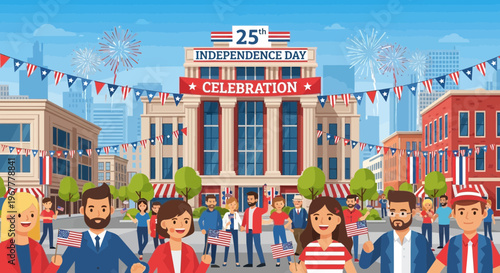 Independence Day Celebration USA: People in City Street with Flags and Fireworks