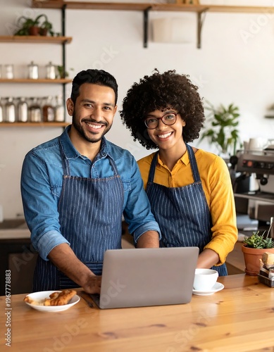 Smiling couple working together on laptop.
