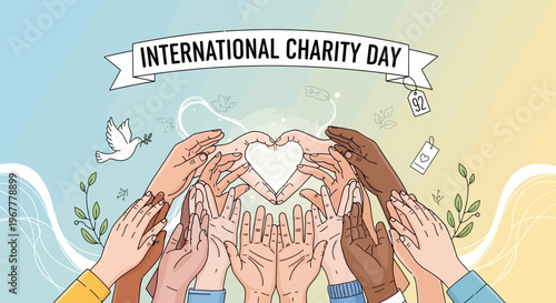 International Charity Day Hands Forming Heart, Dove, and Helping Symbols