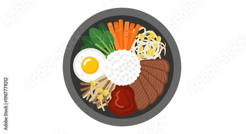 Korean Bibimbap with Fried Egg, Beef, Vegetables, and Rice in a Stone Bowl