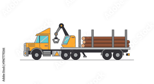 Logging truck with crane and timber logs, flat design, isolated on white background