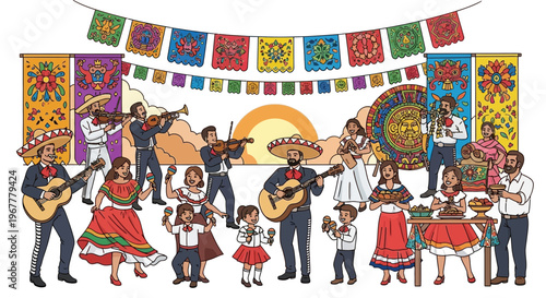 Mexican Mariachi Band and Family Fiesta Celebration with Traditional Decorations