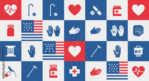 American Medicare and elderly health care support icon set. Red white blue patriotic medical pattern
