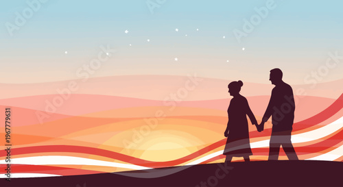Silhouette of a senior couple holding hands and walking at sunset against an abstract American flag background