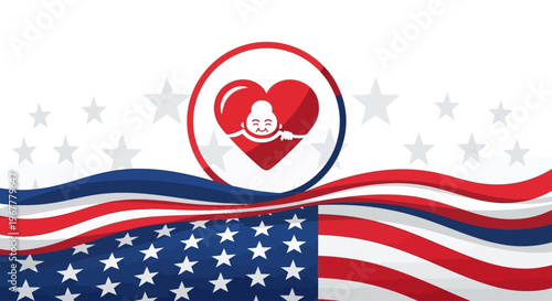 Older Americans Month celebration banner concept. Smiling senior woman inside a red heart symbol with patriotic USA flag waves