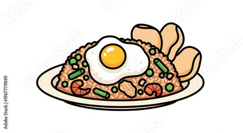 Nasi Goreng - Indonesian Fried Rice with Egg and Shrimp, Cartoon Style