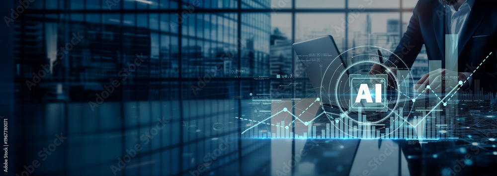 Fototapeta premium Businessman in a modern office with glowing AI icon and rising graph, representing digital transformation, data-driven growth and intelligent business performance.