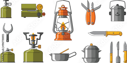 Camping cooking equipment vector set with gas stove lantern multitool knife and outdoor kitchen gear illustration isolated on white background