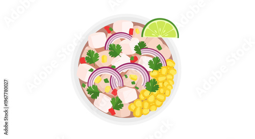 Peruvian Ceviche Dish with Fish, Corn, Lime, Onion, Cilantro, Chili
