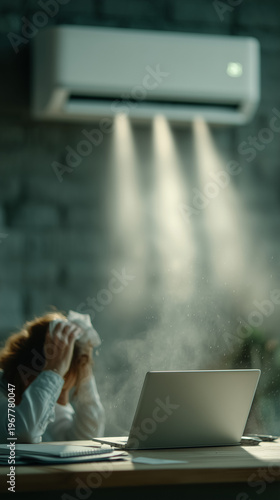 Cool Relief from Workplace Frustration: A stressed individual seeks solace from the heat as a modern air conditioner offers a cooling breath of fresh air.