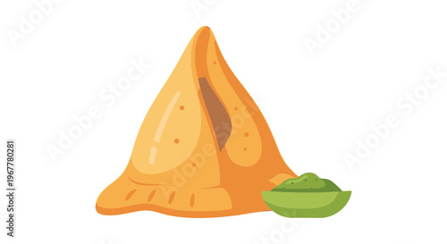 Samosa with Green Chutney - Indian Snack Illustration