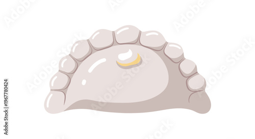 Single Pierogi with a dollop of sour cream on white background, cartoon style