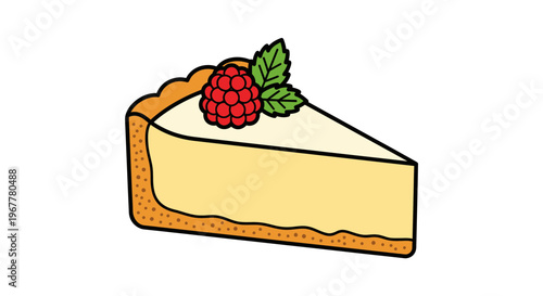 Slice of cheesecake with raspberry and mint leaf, cartoon style