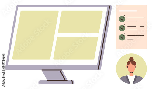 Productivity tools, task management, workflow efficiency, online profiles, office organization, teamwork tools. Screen with sections, checklist with green checkmarks, and circular person icon