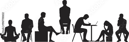 Black silhouettes of diverse people sitting in various poses, meditating, working on laptops, waiting, and resting, isolated on white background.