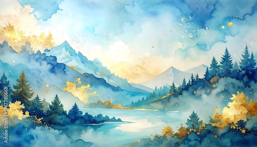 Serene mountain lake landscape with trees.