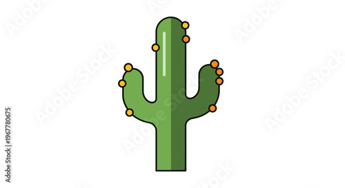 Stylized Green Saguaro Cactus with Yellow Flowers on White Background