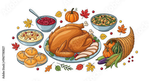 Thanksgiving Dinner Feast: Roasted Turkey, Sides, Cornucopia, and Autumn Leaves