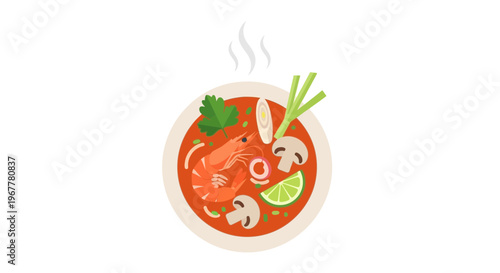 Tom Yum Goong Soup with Shrimp, Mushrooms, and Lime - Flat Illustration
