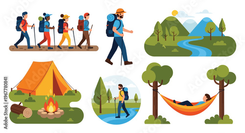 A group of hikers explore a scenic landscape with camping gear featuring a distinct flat silhouette high quality professional detailed modern