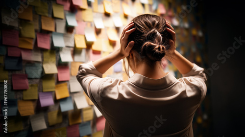 Overwhelmed: A person overwhelmed by the vast number of post-it notes, with a backdrop of a wall covered in reminders and ideas, encapsulating the struggle with deadlines, and information overload.