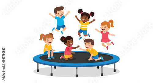 A group of diverse children joyfully jumping and playing together on a blue trampoline silhouette high quality professional detailed modern elegant