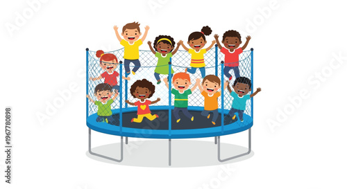 A group of cheerful children joyfully jumping on a blue trampoline displaying vibrant energy and playfulness silhouette high quality professional detailed