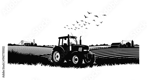 A striking black and white illustration depicts a tractor working in a field with birds flying overhead silhouette high quality professional