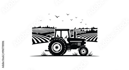A striking black silhouette depicts a tractor in a field with birds flying overhead showcasing rural life silhouette high quality professional