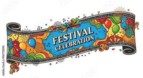 Vibrant Festival Celebration Banner with Balloons and Fireworks