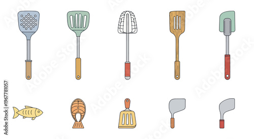 Collection of Kitchen Utensils and Fish Icons