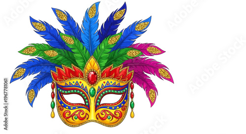 Vibrant Masquerade Mask with Feathers and Jewels on White Background