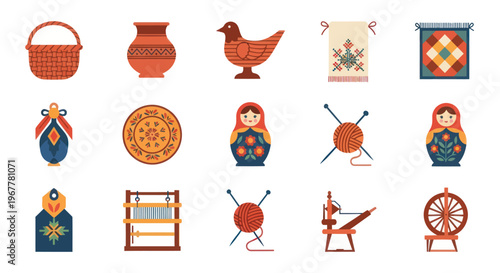 Folk Art Icons: Basket, Pottery, Matryoshka Dolls, Knitting, Spinning Wheel