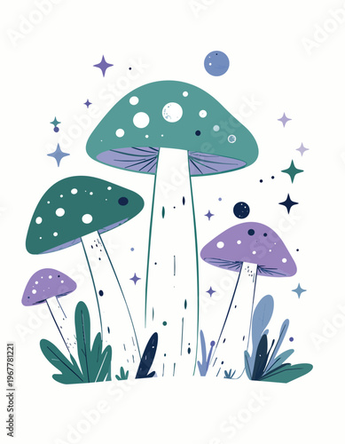 Magical Space Mushroom Cluster with Planet Caps Vector