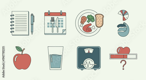 Healthy Lifestyle Icons: Diet, Fitness, Nutrition, Weight Loss, Calendar, Apple