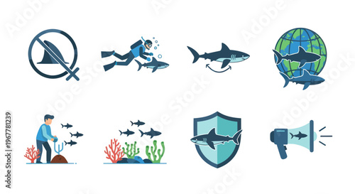 Shark Conservation Icons: Protection, Diving, Ecosystem, Awareness