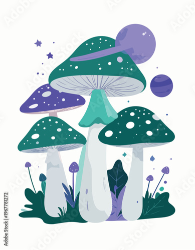 Magical Space Mushroom Cluster with Planet Caps Vector