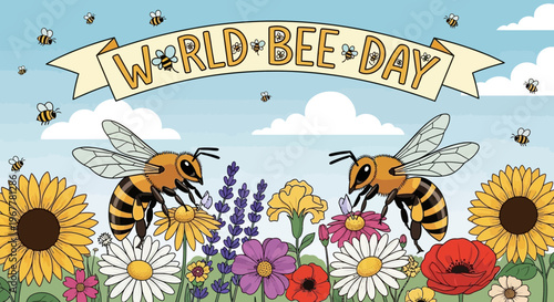 World Bee Day Celebration: Bees Collecting Nectar from Colorful Flowers Under Blue Sky