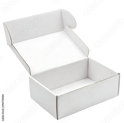 Empty open white cardboard tuck top mailer box isolated on white background