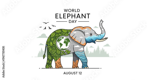 World Elephant Day Illustration: Elephant with Nature Elements, August 12