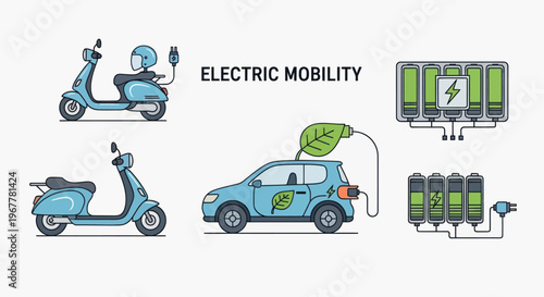 Electric Mobility Concept: EV Car, Scooter, Charging Stations, Batteries